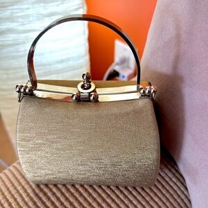 Vintage Gold Fabric, Evening bag. Gold tone Metal Small Purse with Clasp.